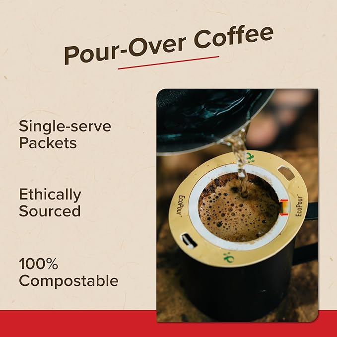 Coulée EcoPour She Devil Coffee Single Serve Pour Over Arabic Coffee Medium Roast Use for Camping or Traveling Pre Filled Compostable Filters Ready to Brew with Hot Water 20 Pack