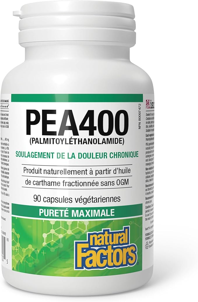 Natural Factors PEA400 - Pure Palmitoylethanolamide for Relief - Supports Nervous System &amp Occasional Discomfort - Non-GMO - 90 Capsules (90 Servings)