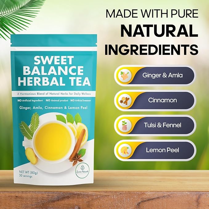 Zyzven Naturals Sweet Balance Herbal Tea - Ginger Amla Cinnamon Lemon Peel Blend - 30 Servings 80g Loose Leaf Tea for Daily Wellness &amp Blood Sugar Support Tea