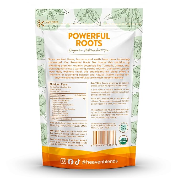 Heaven Blends Powerful Roots Organic Herbal Tea – Antioxidant Blend with Turmeric Ginger Ashwagandha Cinnamon Black Pepper &amp Tribulus Fruit – 30 Caffeine-Free Tea Bags – USDA Organic