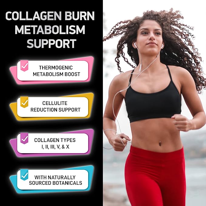 Thermogenic Multi Collagen Burn Capsules - Advanced Type I II III V X Hydrolyzed Collagen Peptides Plus Hyaluronic Acid - Metabolism Cellulite Skin Hair Nails Support - 90 Collagenic Burn Caps