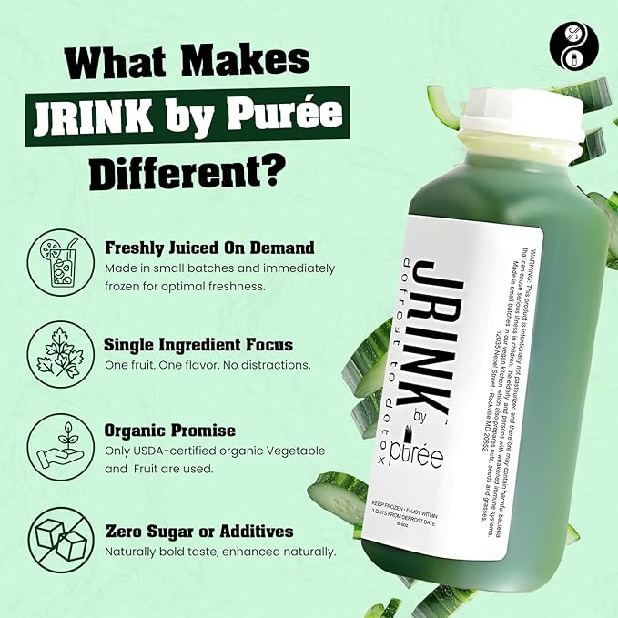JRINK by Purée Organic Cucumber Juice Cold Pressed Detox Drink Healthy Cleanse with No Preservatives Fresh Raw Juice in HDPE Bottles Organic Fruit and Vegetable Cleanse Beverage 16oz Pack of 12