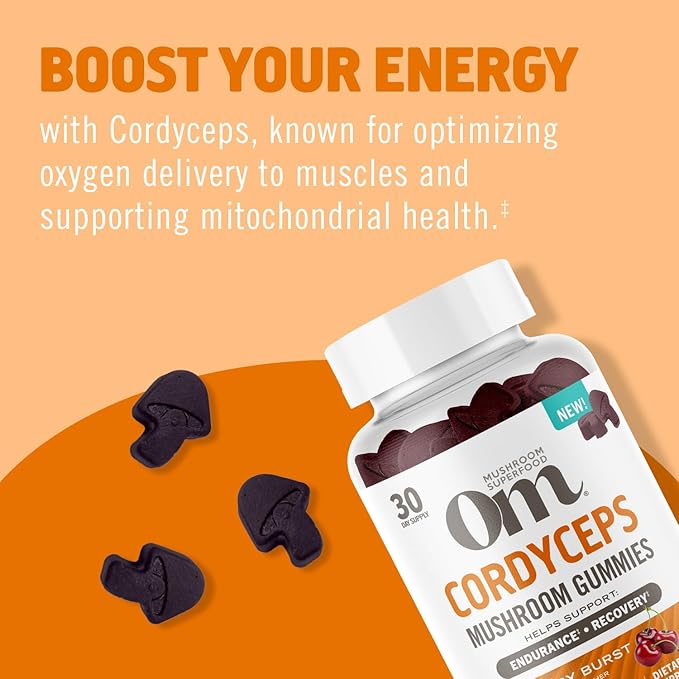 OM MUSHROOM SUPERFOOD Cordyceps Gummies – USA Grown Organic Mushrooms – Supports Endurance Energy &amp Recovery – Cherry Burst Flavour – 30 Servings 60 Count.