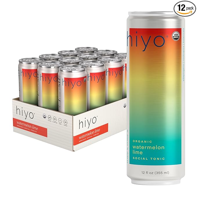 Hiyo Organic Social Tonic - Watermelon Lime 12 Pack - N.A. Functional Seltzer Sparkling Water Crafted with Organic Adaptogens Nootropics &amp Botanicals