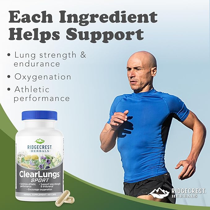 Ridgecrest Herbals ClearLungs Sport Oxygen Intake and Lung Support Formula with Cordyceps Rhodiola Eleuthero (60 Vegan Caps 30 Serv)