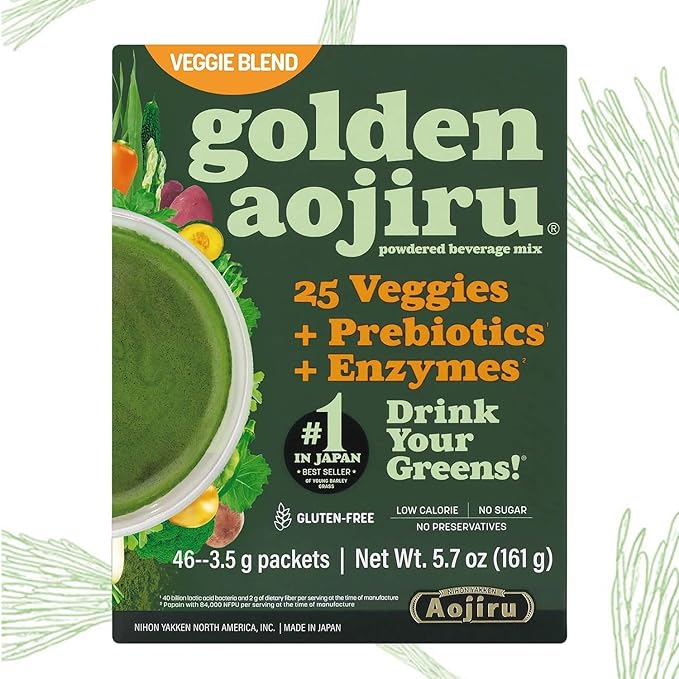 Golden Aojiru Green Superfood Powder – Japanese Barley Grass Juice with 25+ Vegetables Prebiotic &amp Enzymes – Gluten Free Green Juice – 46pcs pack of 2
