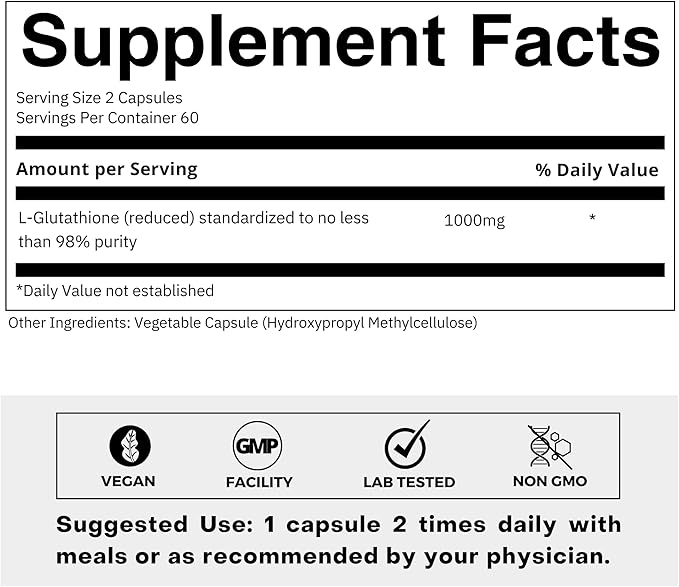 Ultra High Strength L-Glutathione 98% Supplement for Glowing Skin - Collagen Supplements for Women and Men - 500mg Concentrated Formula Reduced Glutathione Supplement - 120 Capsules