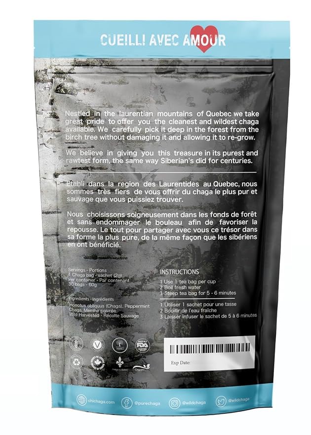 Premium 100% Wild Harvested Chaga Mushroom &amp Peppermint Combo - 30 Tea Bags