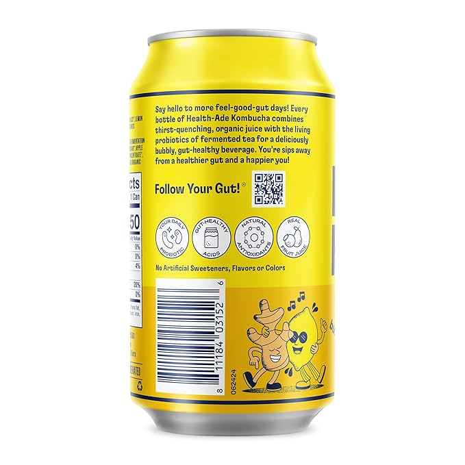 Health-Ade Ginger-Lemon Kombucha Organic Drink 12-Pack (11.5 Fl Oz Cans) - Fermented Tea with Probiotics Detoxifying Acids Supports Gut Health - Non-GMO Vegan Gluten-Free