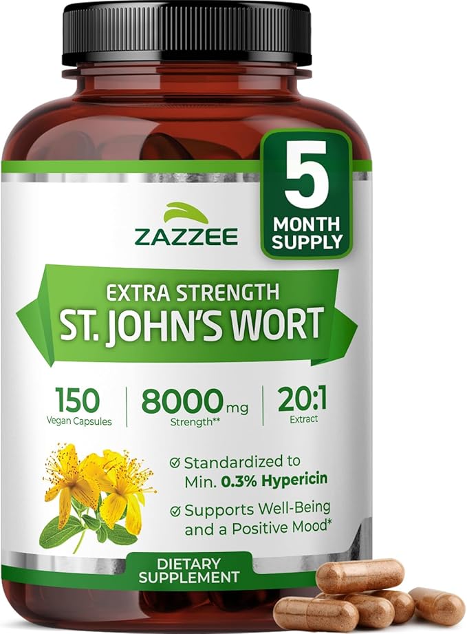 Zazzee Extra Strength St. John’s Wort 20:1 Extract 0.3% Hypericin 150 Vegan Capsules 5 Month Supply Hypericum Perforatum Mood &amp Emotional Wellness Support Herbal Supplement Non-GMO Made in