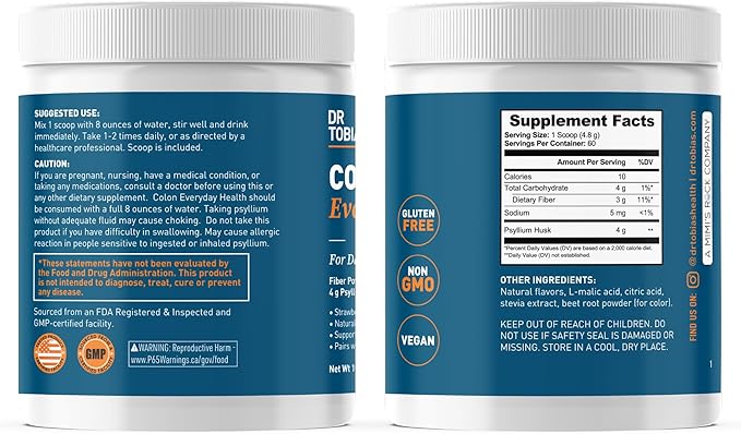Dr. Tobias Colon Everyday Health - Gut Health for Women &amp Men - Psyllium Fiber Powder Drink with 4g Psyllium Husk Powder per Serving Vegan Gluten Free Non-GMO Strawberry Flavor 60 Servings