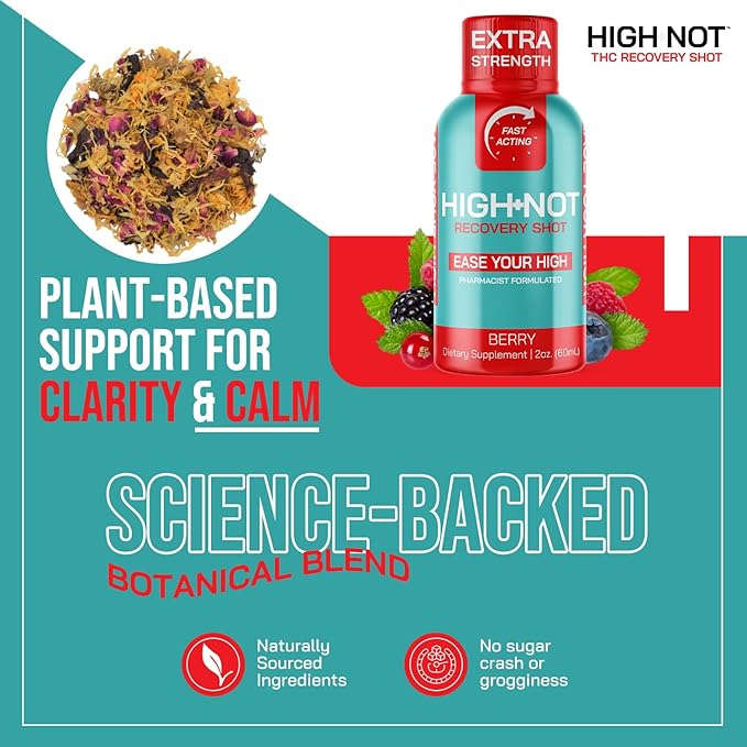 HIGH NOT Berry Flavored Recovery Shot – Rapid Relief for Intense THC̈̈ Effects – Fast-Acting Plant-Based Energy Shot – Vegan Brain Booster &amp Morning Recovery Drink