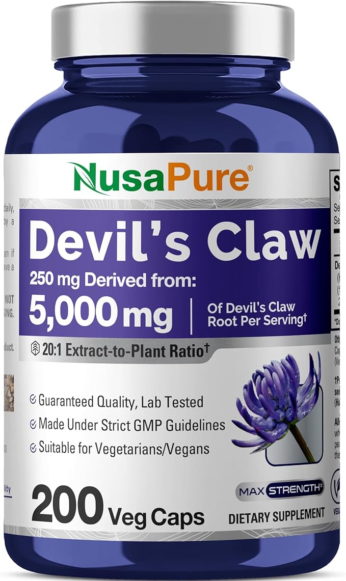 NusaPure Devil's Claw 20:1 Extract 250 mg Equivalent to 5000mg 200 Veggie Capsules Concentrated Root Extract Devils Claw Herbal Supplement Non-GMO Vegan Supplement