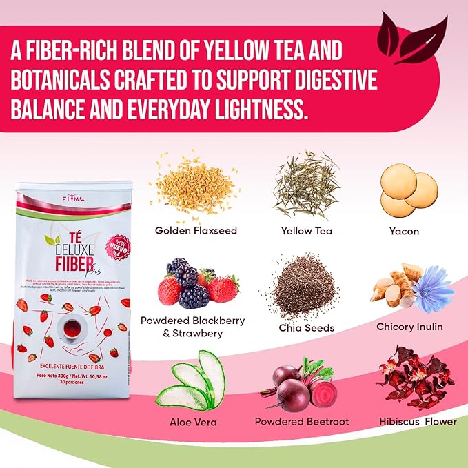 Fiber Plus – Digestive Support Tea Blend with Yellow Tea Flaxseed Chia &amp Aloe Vera. Natural Fiber &amp Herbal Infusion with Strawberry BlackBerry &amp Beetroot. Stevia Sweetened - 30 Servings