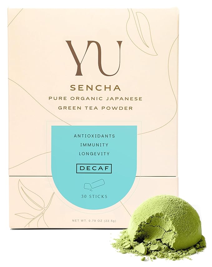 Yu Tea Decaf Organic Sencha Green Tea Powder 30 Instant Packets | Rich in Antioxidants EGCG &amp L-Theanine | Pure Japanese First Harvest Leaf | Caffeine-Free &amp Unsweetened | Single Serve Stic