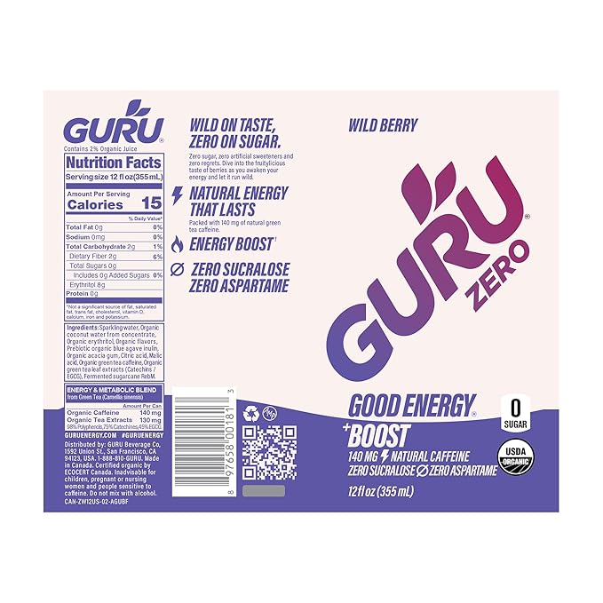 GURU ZERO SUGAR Wild Berry Organic Energy Drink with Plant Based Natural Caffeine from Green Tea Coconut Water Prebiotic Zero Added Sugars Gluten Free &amp Vegan Pre Workout 140MG Caffeine 12