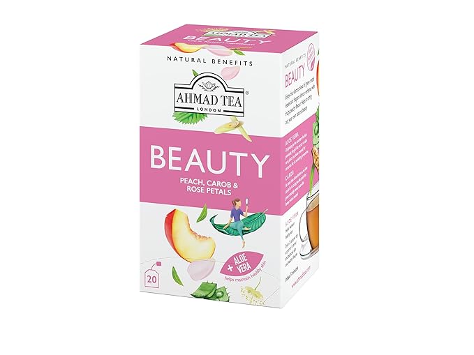 Ahmad Tea Herbal Tea Peach Carob and Rose Petals 'Beauty' Natural Benefits Teabags 20 ct (Pack of 6) - Decaffeinated &amp Sugar-Free