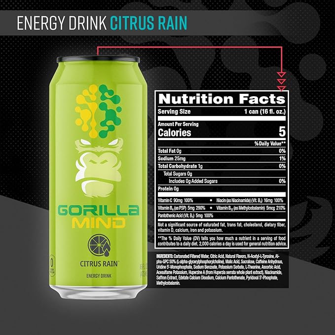 Gorilla Mind Energy Drink | Unmatched Energy · Amplified Focus | N-Acetyl-L-Tyrosine Alpha-GPC 200mg Caffeine Uridine Saffron | 0 Sugar Or Artificial Colors | 16oz 12-Pack (Citrus Rain)