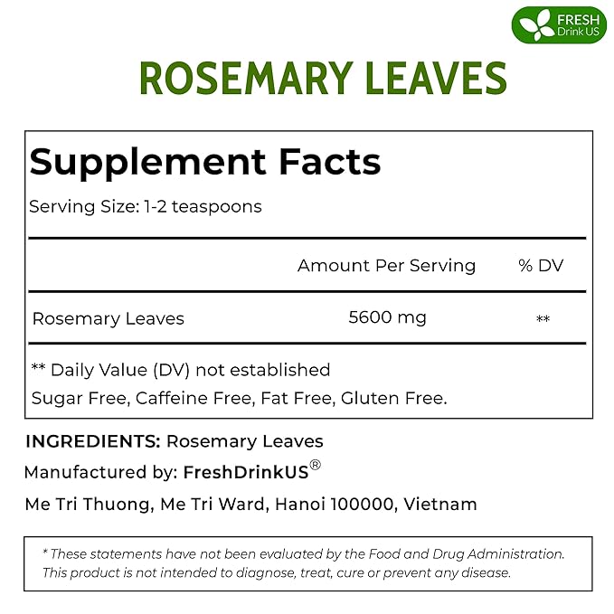 FRESHDRINKUS Premium 2oz Rosemary Leaves 100% Natural &amp Pure No Additives No Caffeine Vegan. Perfect for Seasoning Spice Blends for Grilling &amp Cooking