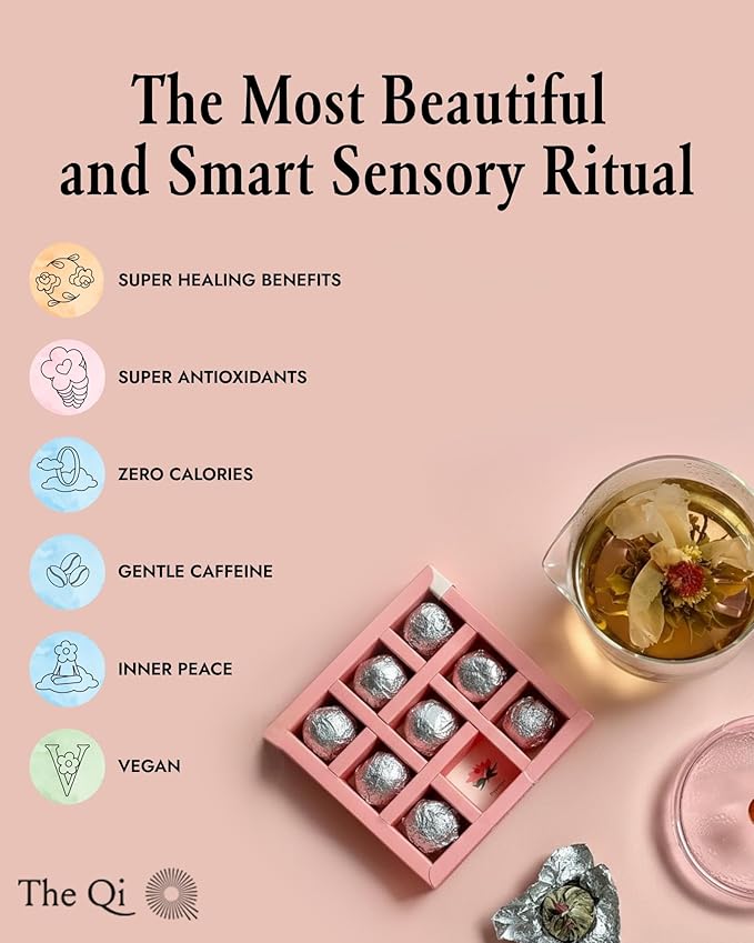 The-Qi x Beautywithin Peony Blooming Flower w/Green Tea – 9 Pcs Handpicked All Natural Blooming Flower Tea – Peony &amp Globe Amaranth Blend Qi Gift Set for Relaxation &amp Wellness – Makes 27 Cups