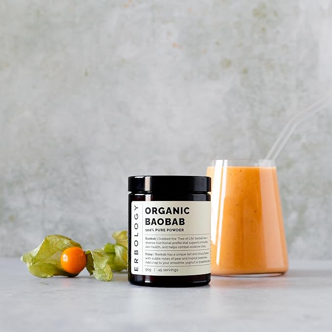 Erbology Organic Baobab Powder 3.2 oz - 45 Servings - Skin Health and Immunity Support - Rich in Vitamin C B Vitamins and Polyphenols - Sustainably Sourced Straight from Farm - Vegan - GMO-Free