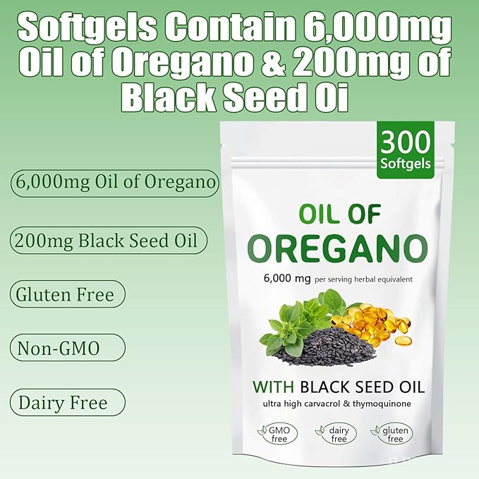 Oil of Oregano with Black Seed Oil 2 in 1 Organic Oregano Capsules for Immune Support &amp Overall Wellness Non-GMO Gluten Free 300 Softgel
