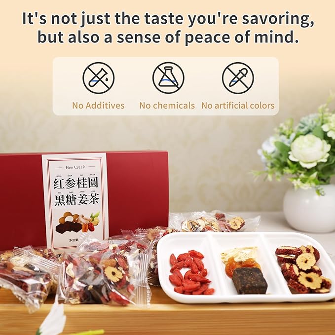Hee Creek Longan Red Date Ginger Sugar Tea 10.23oz (25 Bags) Ancient Method Handmade Red Ginseng Brown Sugar Ginger Tea for Women Qi and Blood Tonic Caffeine Free 红参 桂圆红枣姜糖茶 黑糖姜茶 红糖姜枣茶