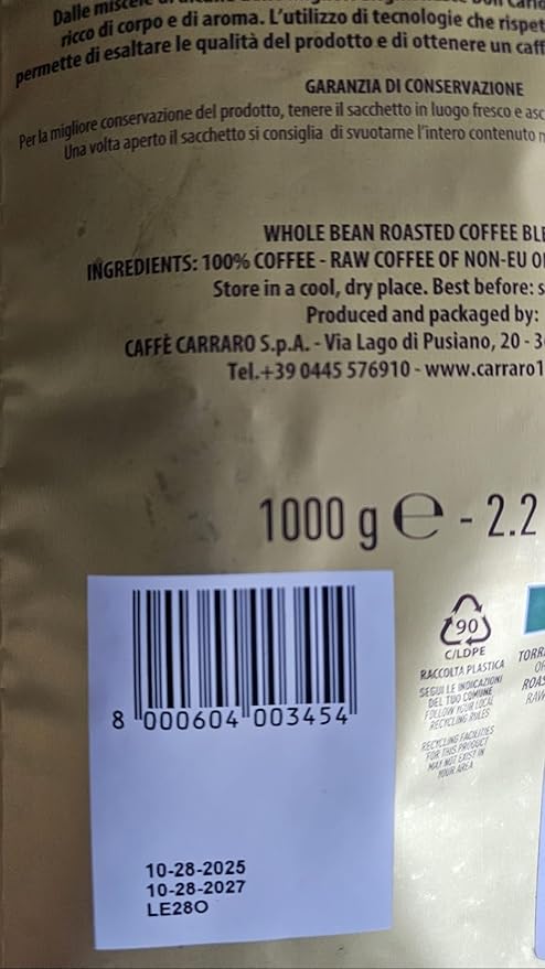 Don Carlos Premium Italian Roasted Whole Bean Coffee Blend Miscela Gold 2.2 Lbs