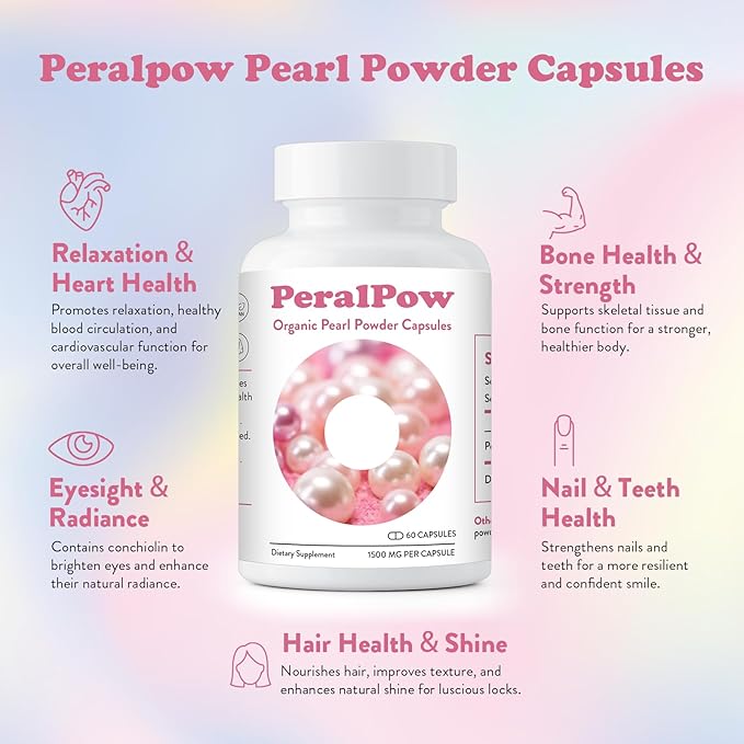 Organic Pearl Powder Capsules 1500mg | Premium Pearl Extract for Skin Radiance Eye Wellness &amp Nail Resilience | 100% Natural Calcium &amp Amino Acids | Non-GMO Vegan 60 Capsules