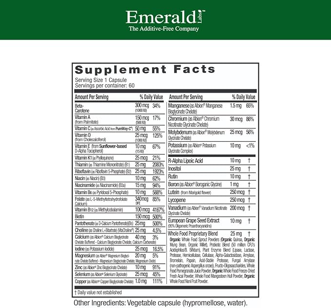 EMERALD LABS Complete 1-Daily Multi - Complete Multivitamin for Men &amp Women with Vitamin C Methylated Folate Whole-Food Blend &amp More for Immune Support Bone Health &amp More* - 60 Vegetabl