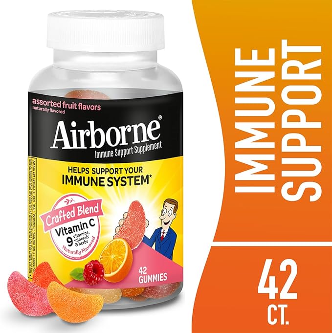 Airborne 750mg Vitamin C Immune Support Supplement Gummies for Adults Assorted Fruit Flavor Gluten Free Crafted Blend with Powerful Antioxidants Vitamins A C &amp E 42 Gummies (2 Pack)