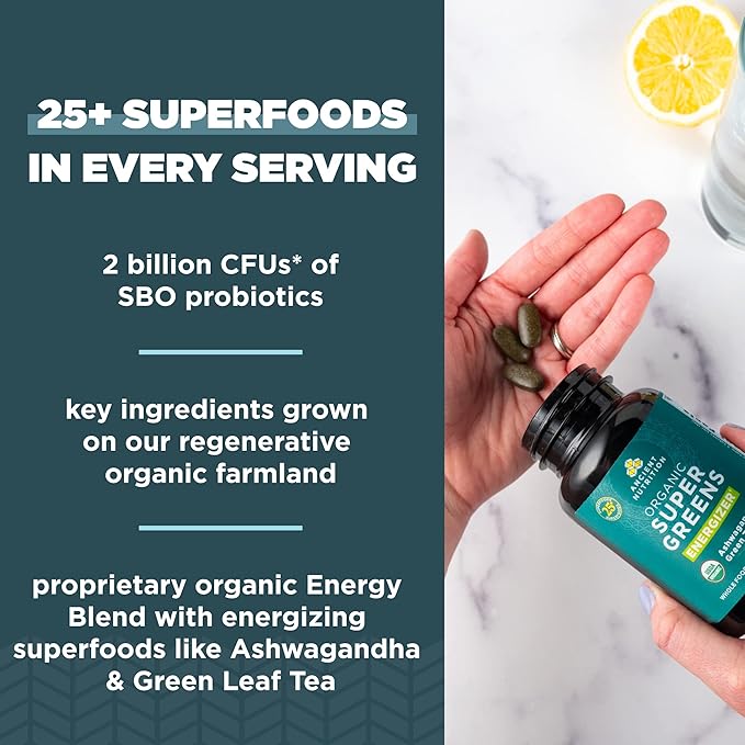 Ancient Nutrition Supergreens Energizer Tablets Organic Superfood Tablets with Caffeine Made from Real Fruits Vegetables and Herbs for Digestive and Energy Support 90 Count