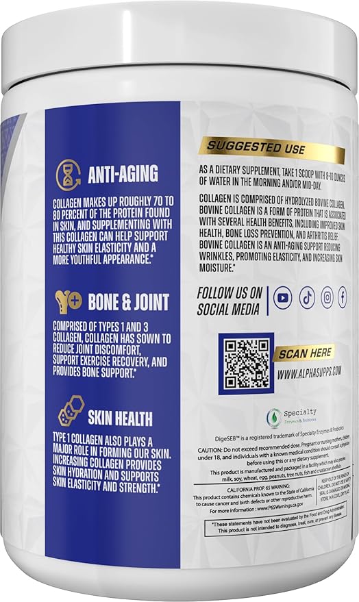 Alpha Supps Premium Hydrolyzed Collagen Protein Powder - Collagen Peptides Supplement for Men &amp Women with Digestive Enzymes - 30 Servings (Unflavored)