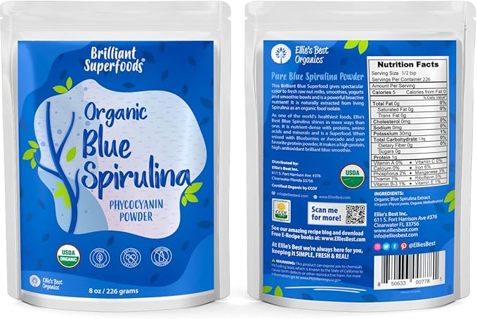 Organic Blue Spirulina Powder - 8oz - Odorless - from Blue Green Algae - Vegan Non GMO Gluten-Free Dairy-Free - USDA Certified Natural Blue Coloring for Smoothies &amp Protein Drinks