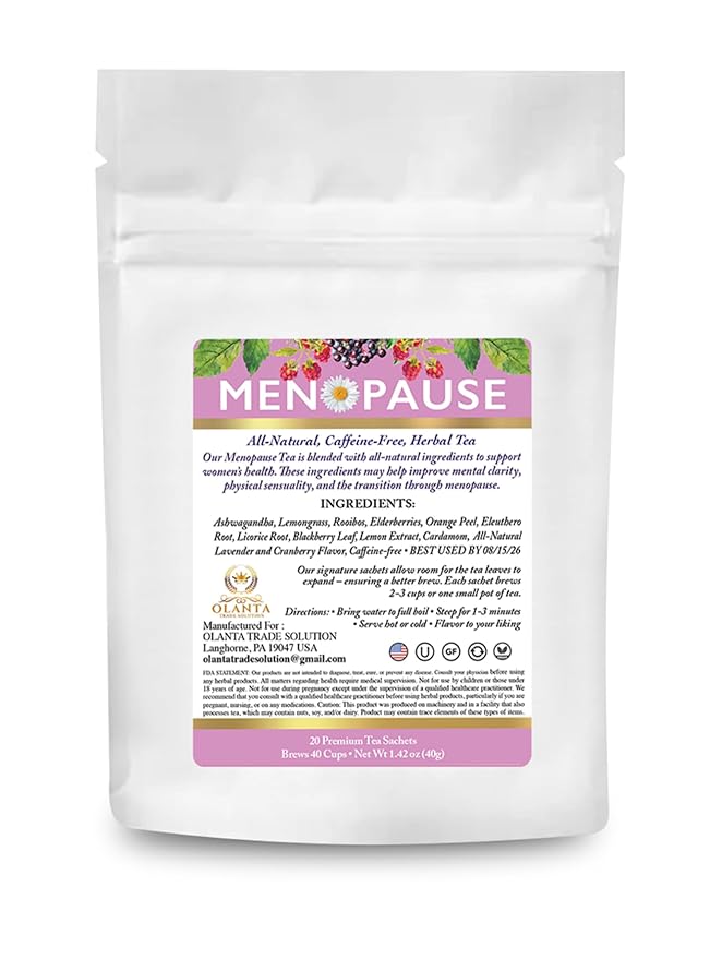 Natural Menopause Tea with Ashwagandha Rooibos Elderberries Lemon Extract Lavender Cranberry Flavor 20 Premium Tea Sachets