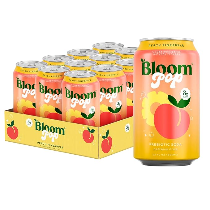 Bloom Pop Prebiotic Soda 12 Pack Peach Pineapple 12oz Cans | Prebiotic Soda for Gut Health Low Calorie Soda No Caffeine Healthy Soft Drink Alternative