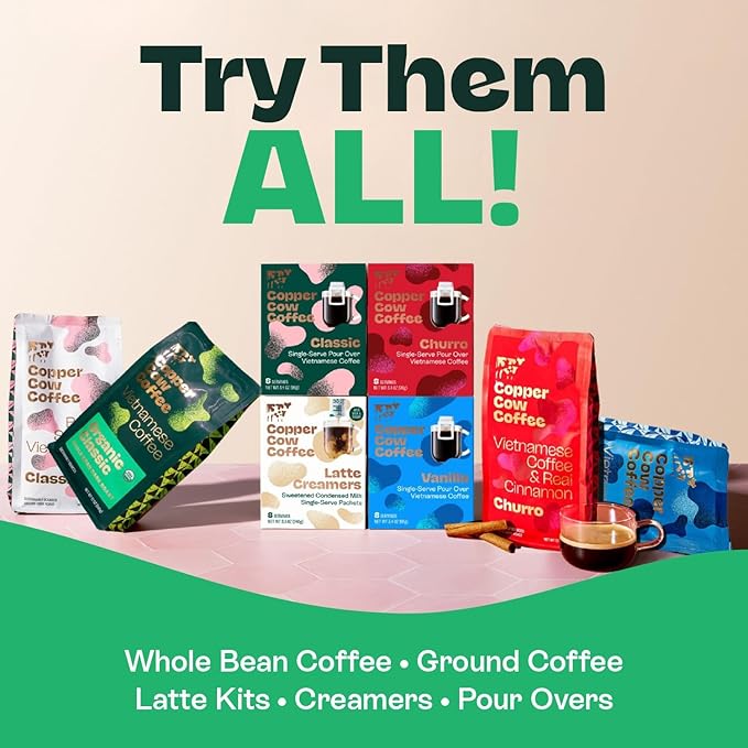 Copper Cow Coffee Pour Over Vietnamese Coffee Pouches + Sweetened Condensed Milk Creamers (8 Coffees &amp 8 Milk Creamers) | Vanilla Lattes No Refrigeration Needed Travel Friendly Ground Coffee