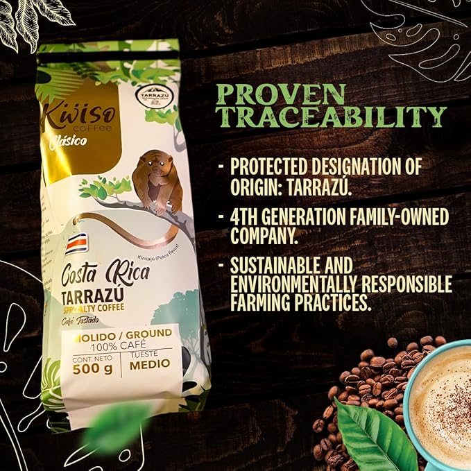 Kwiso Coffee Classic Tarrazu Costa Rica Single Origin 100% Arabica – Medium Roast Ground Gourmet Specialty Coffee 17.6 oz