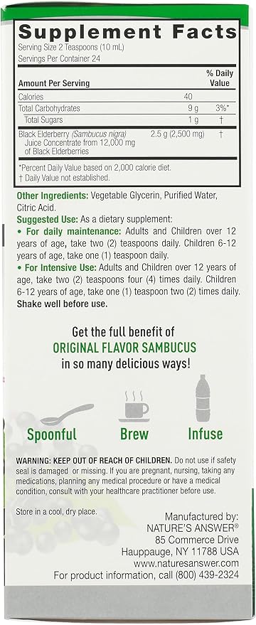 Nature's Answer Sambucus Dietary Supplement Original For Daily Immune and Antioxidant Support | Alcohol-Free Gluten-Free &amp Vegan 8oz
