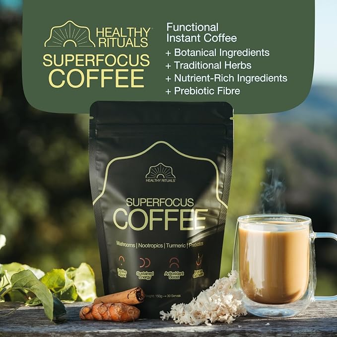 Healthy Rituals Mushroom Coffee SuperBlend Powder with Lion’s Mane MCT Oil L-Theanine Turmeric Prebiotic Fiber &amp L-Carnitine Naturally Sweet Rich &amp Smooth Premium Arabica Instant Coffee