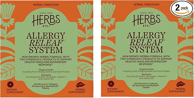 Herbs Etc. Allergy ReLeaf System - Seasonal Discomfort Supplement - Seasonal Support for Sneezing &amp Itchy Eyes - Supports Sinus Function - 60 Softgels (60 Servings) 60 Tablets (60 Servings) - 2 P