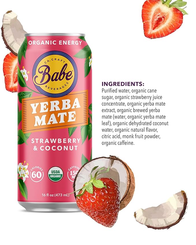 Babe Organic Yerba Mate Energy Drinks | 150mg Plant-Based Caffeine | Natural Yerba Mate Tea with No Crash No Jitters - Strawberry Coconut (12 x 16oz Cans)