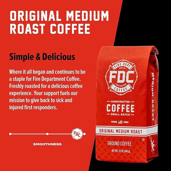 Fire Department Coffee - Gives Back to Firefighters - Original Medium Roast Ground Coffee - Balanced &amp Smooth - Roasted in the USA - Veteran Owned (12 oz Pack of 2)