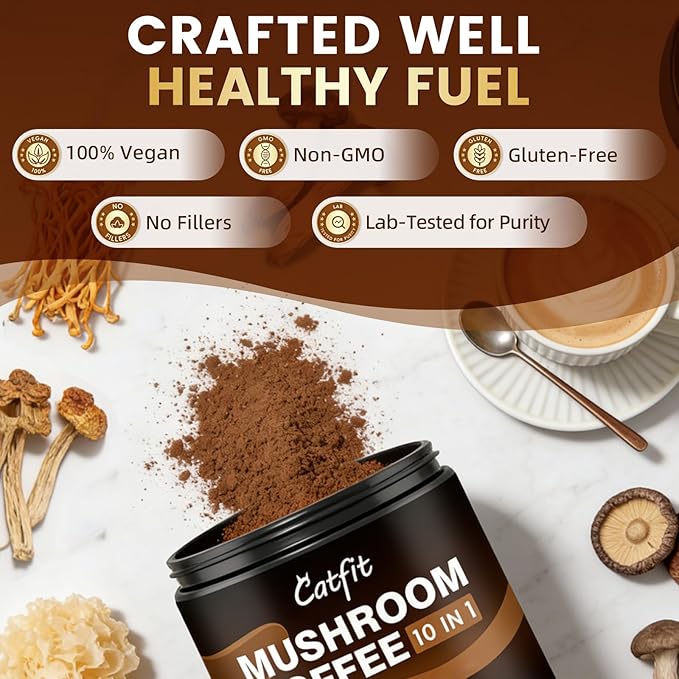 Catfit Instant Mushroom Coffee Powder 10-in-1 Adaptogen Blend with Lion's Mane Chaga &amp Cordyceps for Energy Focus Gut Health &amp Immune Support - 240g 75 Servings