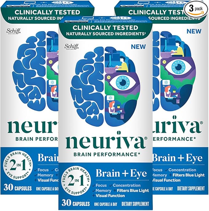 NEURIVA Brain + Eye Supplement for Memory Focus &amp Concentration with Clinically Tested Lutein and Zeaxanthin Vitamins A C &amp E + Zinc for Eye Health &amp Filter Blue Light 30 Count Capsules