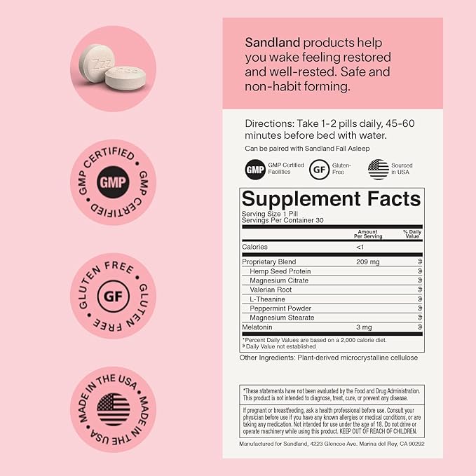 Sandland Stay Asleep Plus Melatonin Natural Daily Sleep Supplement 30 Pills 3mg Melatonin Magnesium Valerian Root L-Theanine Peppermint Leaf Made in The USA