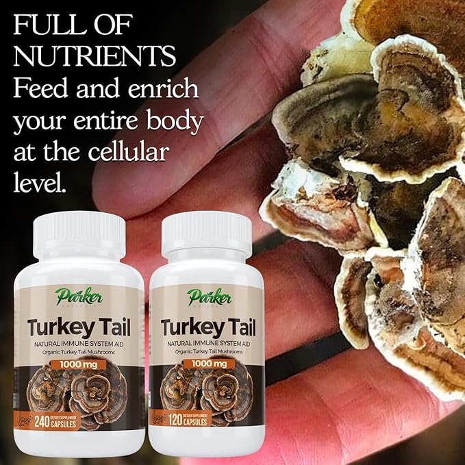 Parker Naturals Turkey Tail Mushroom Capsules - Organic Mushroom Supplement for Immune System Health Support - 1000 mg Premium Mushroom Supplements - 240 Capsules