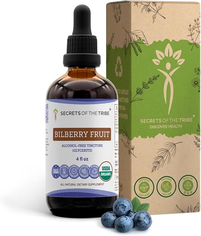 Secrets of the Tribe Bilberry Fruit USDA Organic | Alcohol-Free Extract High-Potency Herbal Drops Vision | Made from 100% Certified Organic Bilberry (Vaccinium Myrtillus) Dried Fruit 4 oz