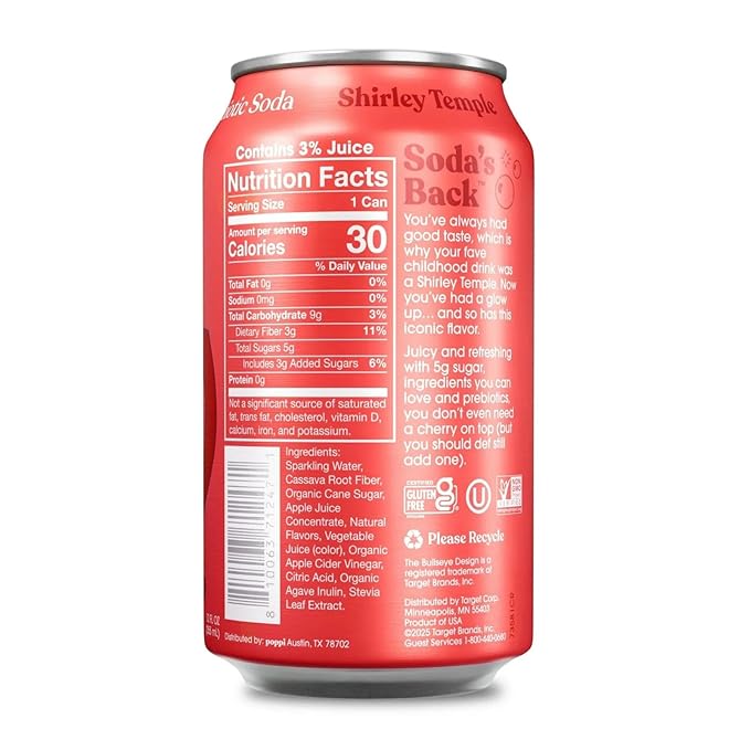 Sparkling Prebiotic Soda Beverage with Apple Cider Vinegar Seltzer Water and Fruit Juice Shirley Temple 12 Fl Oz Pack of 4 cans Limited Edition!