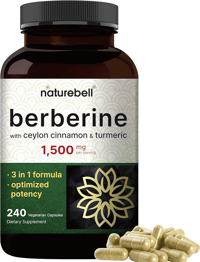 NatureBell Berberine Supplement 1500mg with Ceylon Cinnamon &amp Turmeric Root 240 Veggie Capsules | 97% Pure Berberine HCL | Supports Balanced Sugar Levels &amp Heart Health | Vegan Non-GMO